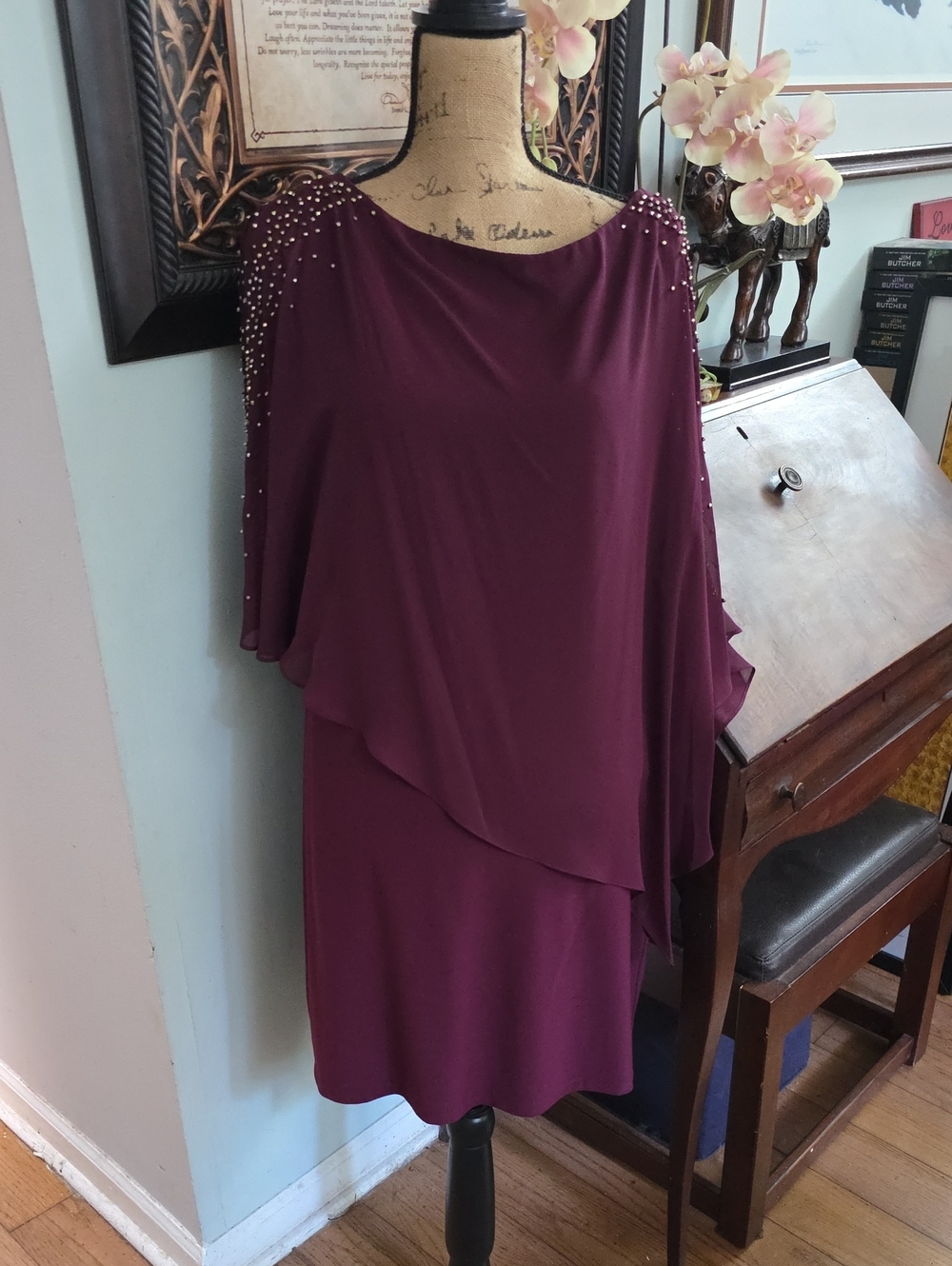 Women’s Midi Capelet Dress in Plum with Beaded Shoulders